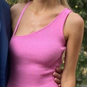 Pink Asymmetrical Shoulder Knit Dress